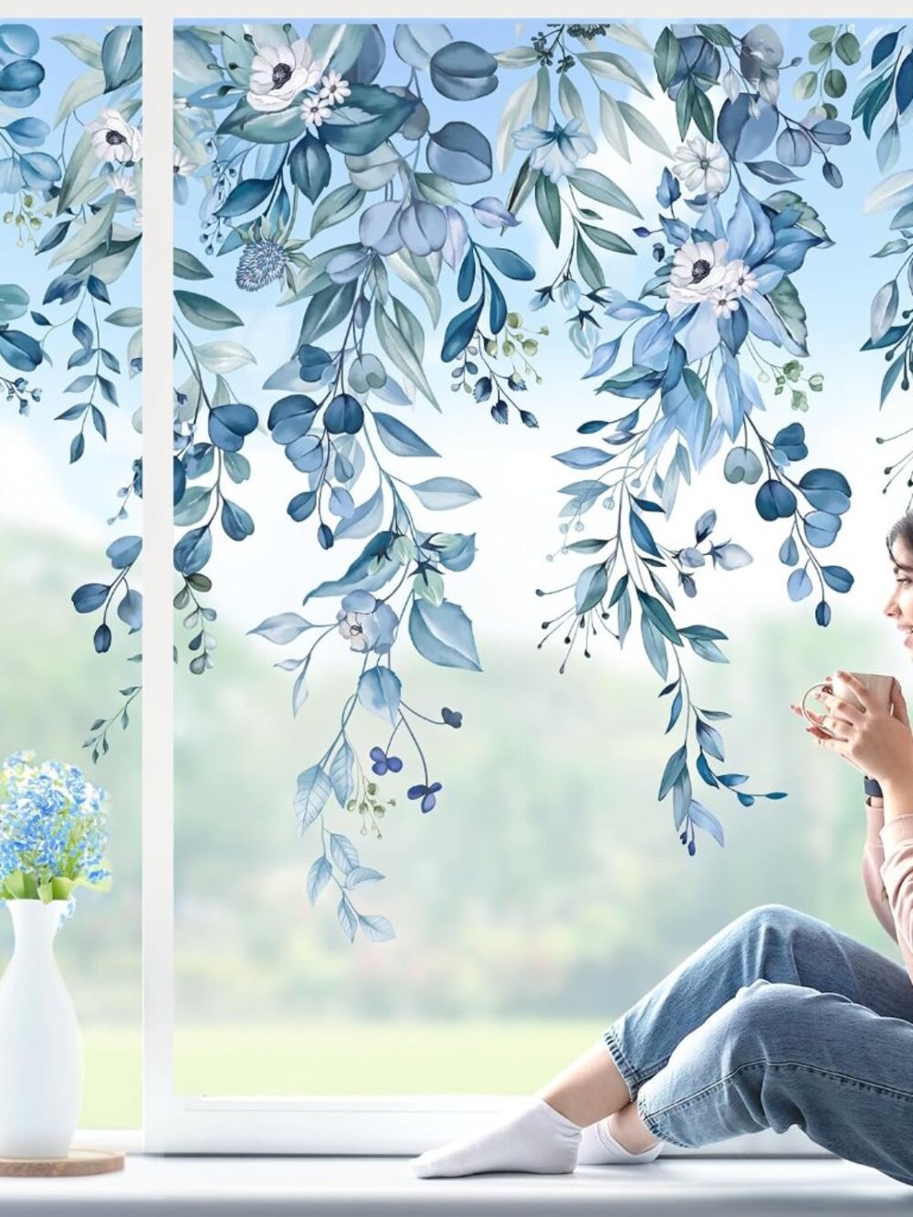 Blue Eucalyptus Leaves Window Clings Decals Flowes Glass Sticker